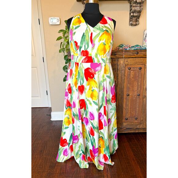 Maggy London 16W Dress Maxi Floral Halter Back Bow Red Orange Green Yellow Plus - Picture 1 of 8
